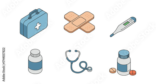 Isometric medical kit with bandages, thermometer, bottles, and stethoscope