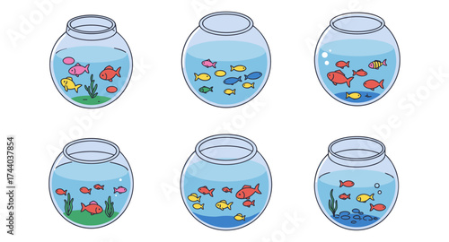 Set of fish bowls with colorful fish and plants in water
