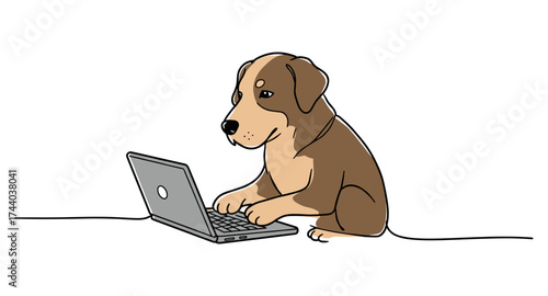 Cute dog using laptop in hand drawn style cartoon animal with computer