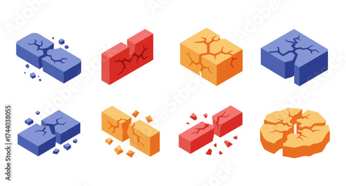 Colorful isometric cracked blocks set on white background