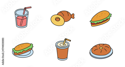 Colorful fast food icons set: sandwiches, drinks, and snacks in flat style