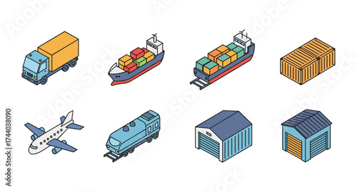 Isometric transport and logistics icons: trucks, ships, planes, trains, and warehouses