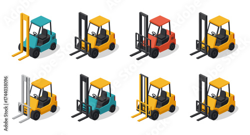Isometric forklift collection: colorful industrial equipment set