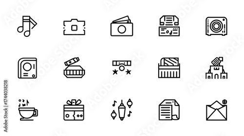 Set of icons representing various objects and concepts in a minimalist style.