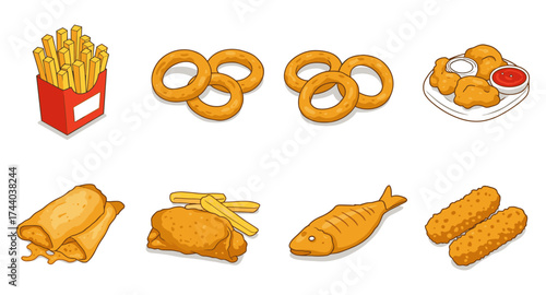 Cartoon style fast food snacks: fries, onion rings, nuggets, and more