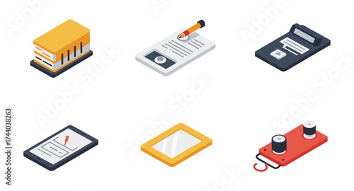 Isometric office objects collection: electronic devices, documents, stationery