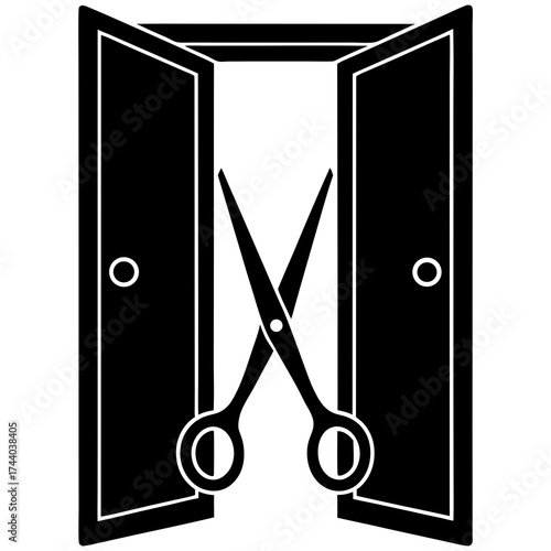A black and white vector illustration of scissors in front of open doors, , representing opportunity and choice