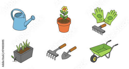 Gardening tools and plants in simple colorful design for diy enthusiasts