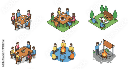 Isometric family activities: dining and campfire gatherings in nature