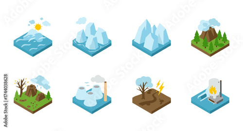 Isometric ecosystem tiles with volcanoes, mountains, and factories