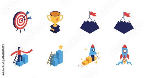 Success icons: target, trophy, mountain, rocket with isometric design