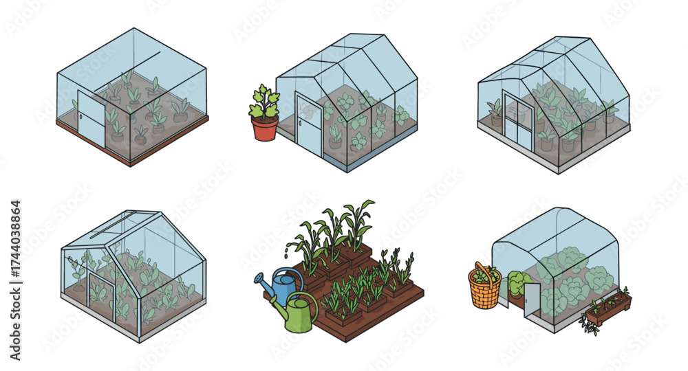 Fototapeta premium Isometric greenhouses and garden setup with plants and gardening tools