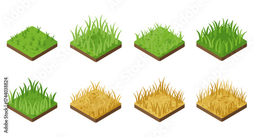 Isometric grass tiles: seasons of verdant to parched lawn transformation