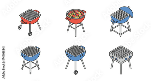 Collection of isometric barbecue grills in varied colors and designs