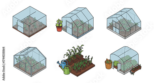 Isometric greenhouses and garden setup with plants and gardening tools