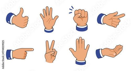 Cartoon hand gestures collection: thumbs up, peace sign, pointing, open palm