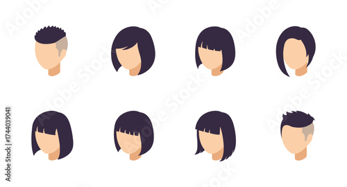Minimalist flat style head icons with trendy haircuts on white background
