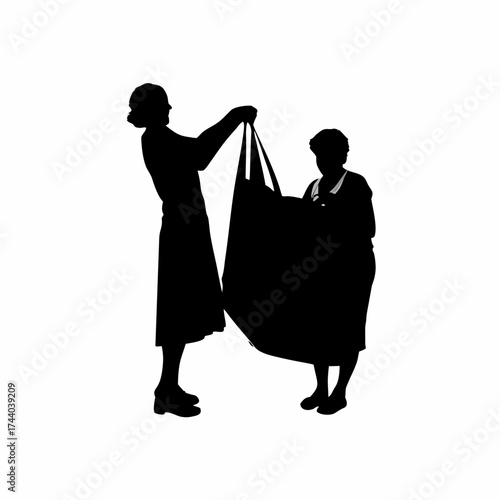 Silhouette of a midwife assisting a woman during childbirth isolated on white background