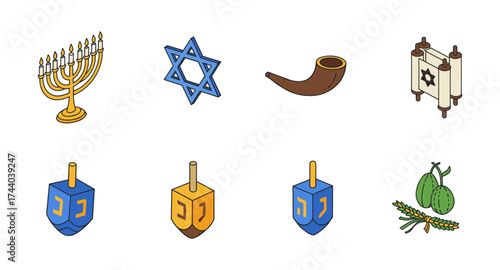 Colorful symbols of jewish traditions: menorah, star, dreidels, shofar, torah, and more