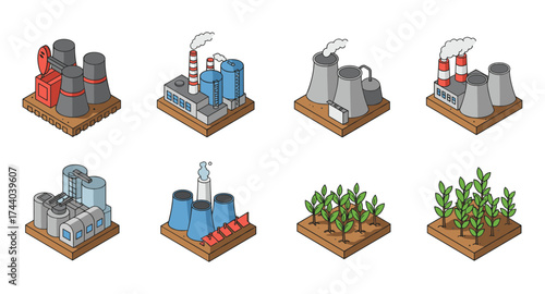 Isometric industrial and agricultural plant models with chimneys and greenery