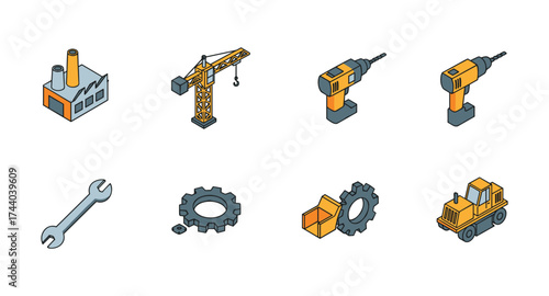 Isometric industrial icons: factory, crane, tools, construction vehicles