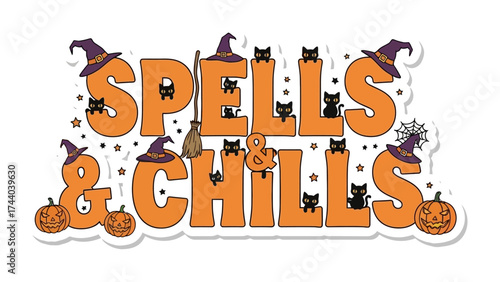 Halloween Spells & Chill: Spells & Chill concept with witch hat, black cats, carved pumpkin and Broom. Halloween design for festive decorations, and thematic designs.