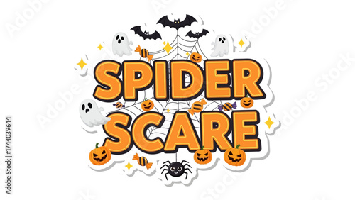 Spider Scare Illustration: A whimsical illustration with orange text spelling 'Spider Scare' features Halloween themed elements, including spiders, bats, ghosts, pumpkins and candies.