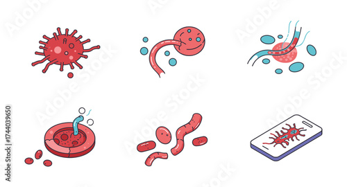 Colorful bacteria and virus icons in modern linear style