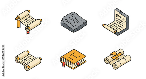 Ancient texts isometric icons featuring scrolls, stone tablets, and books with ribbons