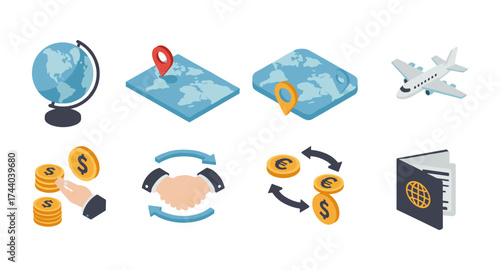 Isometric travel icons featuring globe, maps, airplane, currency exchange, and passport