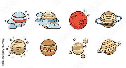 Colorful cartoon style renderings of solar system planets in space theme