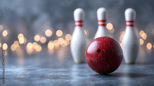 A red bowling ball in front of three white bowling pins. Soft bokeh lights create a festive atmosphere, suitable for Christmas bowling themes.