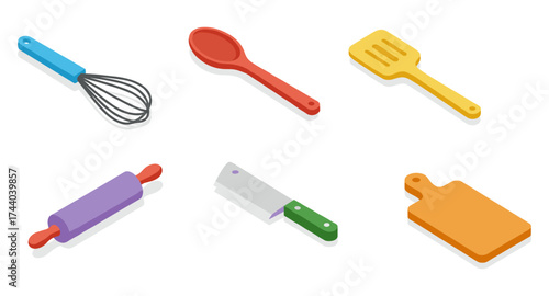 Colorful isometric kitchen utensils set on white background