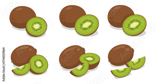Set of fresh kiwi slices and whole fruit in flat style with shadow on white