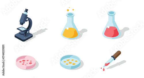 Scientific equipment collection: isometric lab tools with microscope and glassware