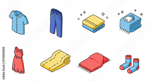 Isometric clothing and laundry icons collection: shirts, pants, towels, socks, and dresses