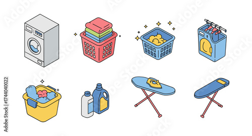 Isometric laundry room essentials: washing machines, baskets, and ironing boards