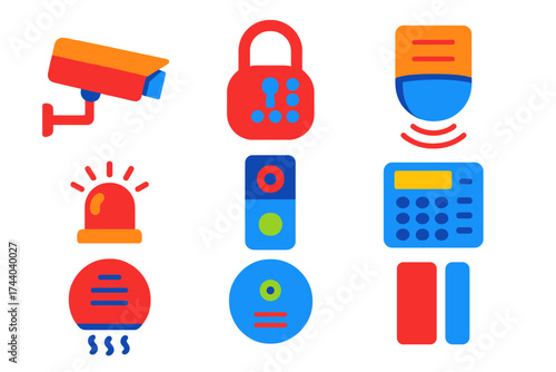 Home Security Icons. Flat vector icons of home security devices: surveillance camera, smart lock, motion sensor, alarm system,