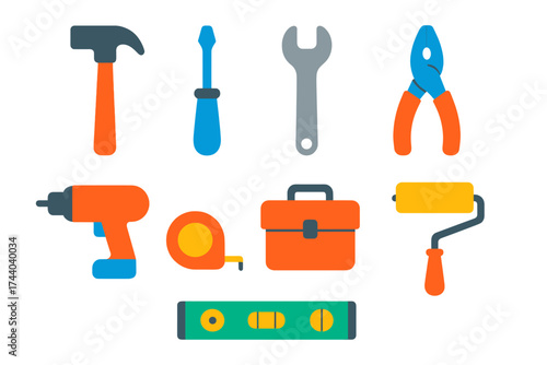 Home Repair Tools Icons. Flat vector icons of home repair tools: hammer, screwdriver, wrench, pliers, drill, measuring tape,