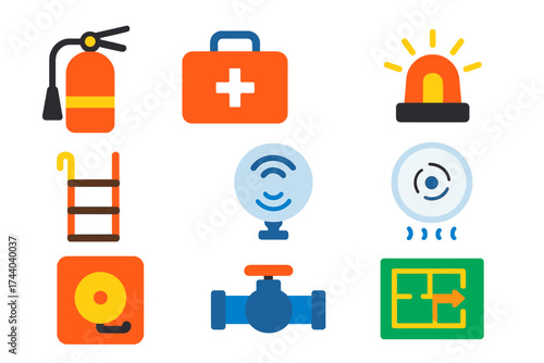 Emergency Home Icons. Flat vector icons of emergency home items: fire extinguisher, first aid kit, emergency light, smoke detector