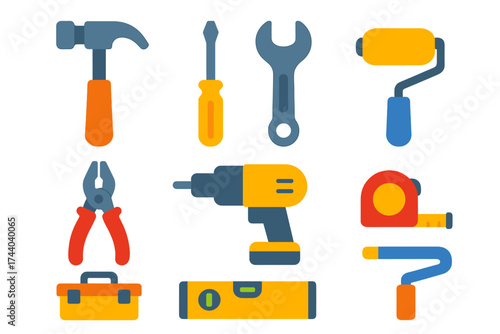 Home Repair Tools Icons. Flat vector icons of home repair tools: hammer, screwdriver, wrench, pliers, drill, measuring tape,