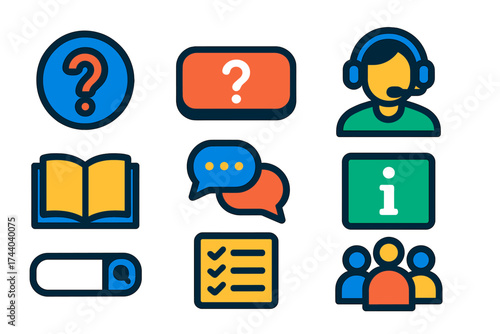 Modern Support Icons. Flat vector icons of frequently asked questions: question icon, help button, support headset, open book,