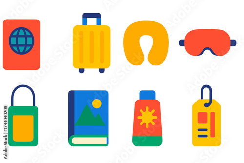 Travel Essentials Icons. Flat vector icons of travel products: passport, suitcase, travel pillow, eye mask, neck wallet, guidebook