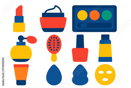 Vibrant Beauty Icons. Flat vector icons of beauty products: lipstick, face cream, eyeshadow palette, perfume bottle, hairbrush,