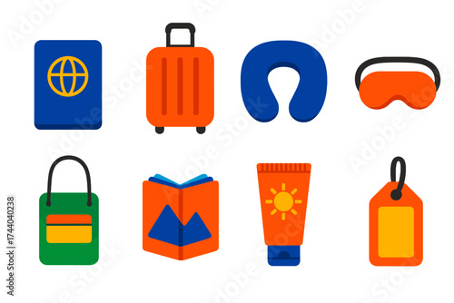 Travel Essentials Icons. Flat vector icons of travel products: passport, suitcase, travel pillow, eye mask, neck wallet, guidebook