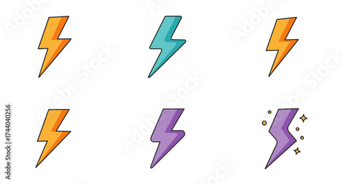 Colorful lightning bolt icons set in cartoon style