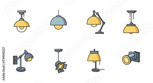 Set of eight modern minimalist lamps in soft colors on white background