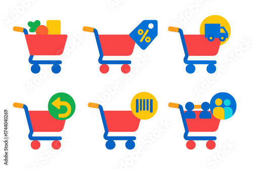 Shopping Cart Icons. Flat vector icons of shopping cart scenarios: full cart, empty cart, cart on sale, cart with delivery icon,
