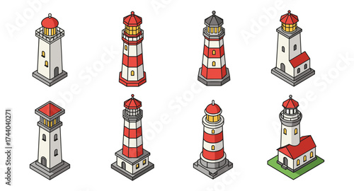 Charming coastal landmarks: collection of isometric lighthouses with red stripes