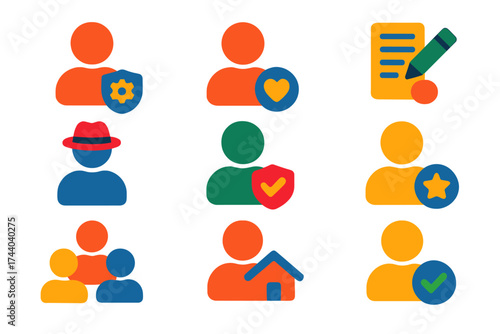 Flat Blog Role Icons. Flat vector icons of blog user roles: admin icon, contributor badge, editor role, guest author, moderator